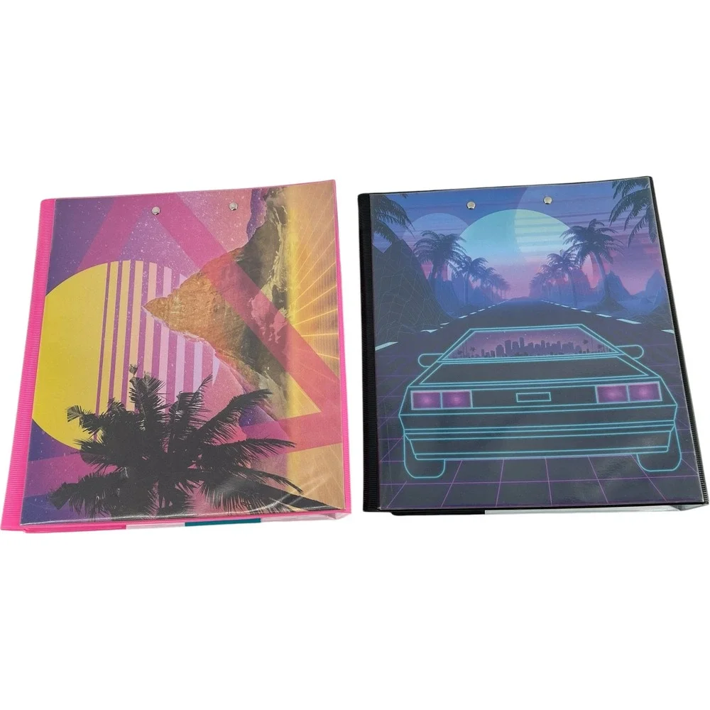 Mead Trapper Keeper 1 Inch Binder Lot of 2 Retro Synthwave Palm Trees Car
